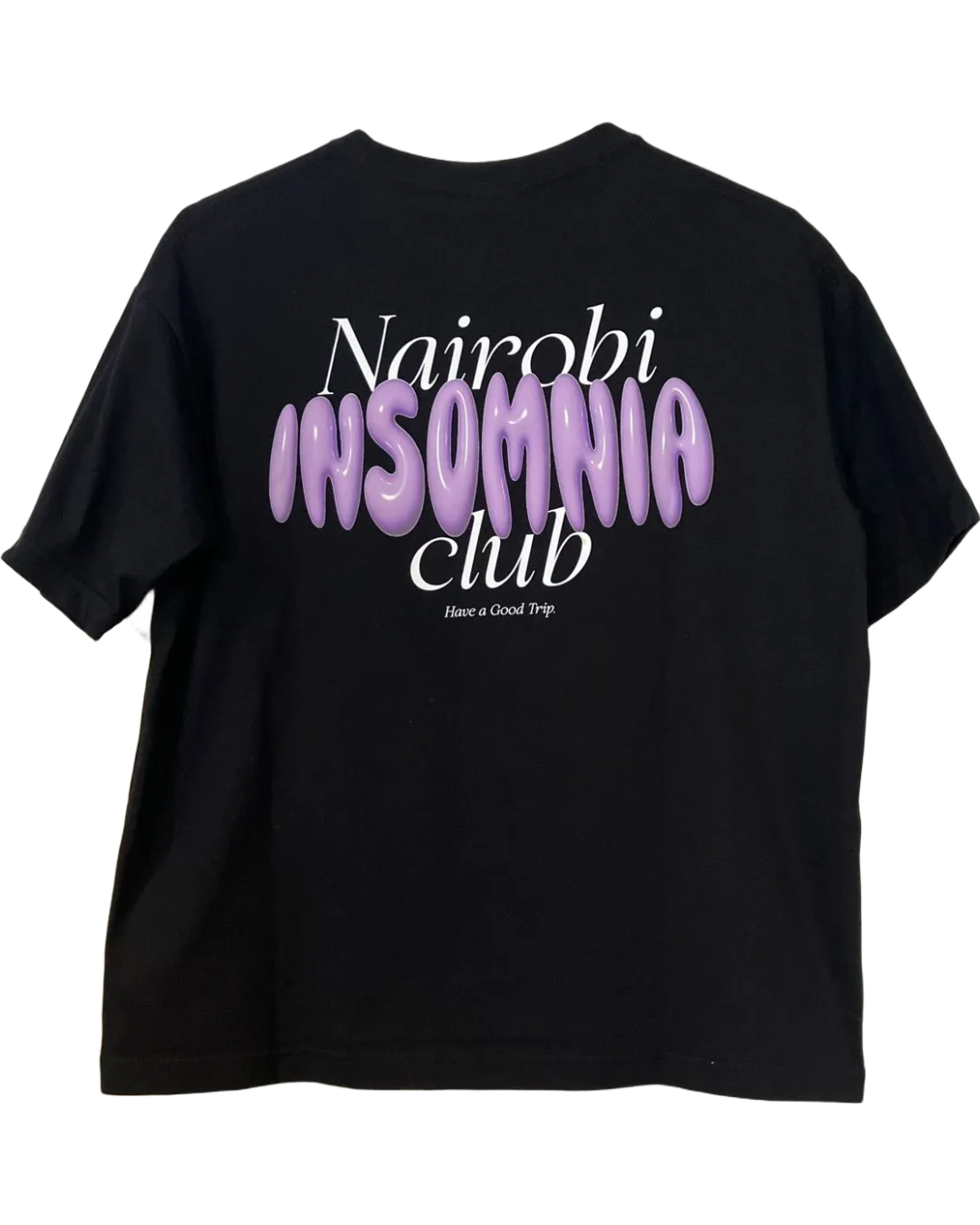Nairobi Insomnia Club Black T-Shirt with White and Purple Ink