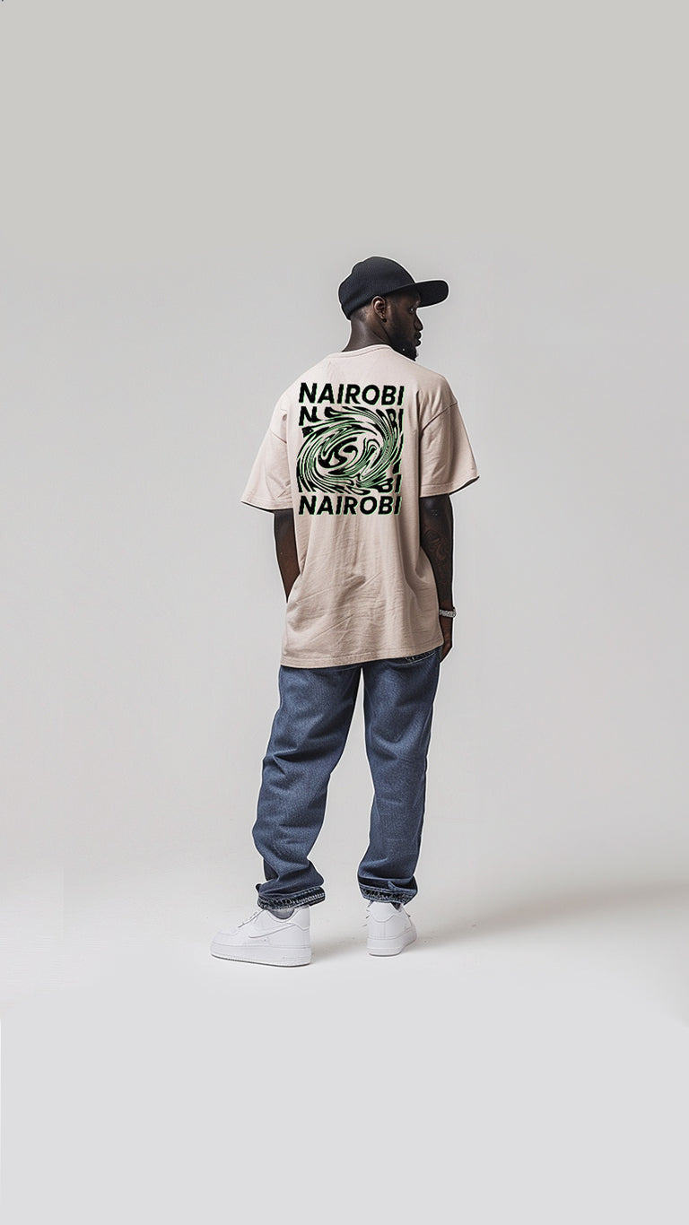 Nairobi Swirl Beige T-Shirt With Green Ink