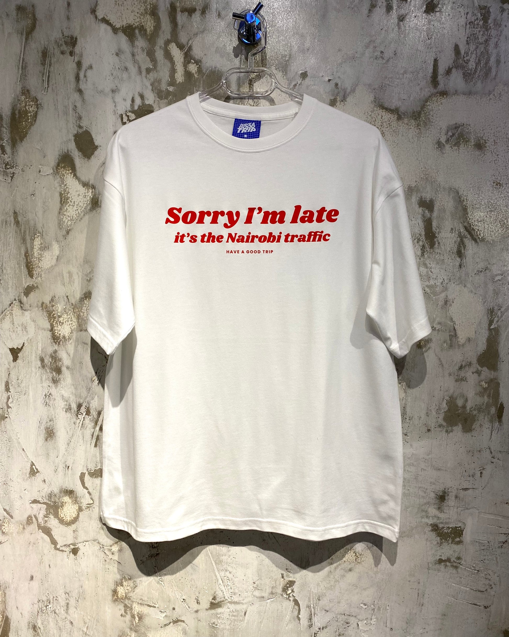 Nairobi Traffic White T-Shirt with Red Ink