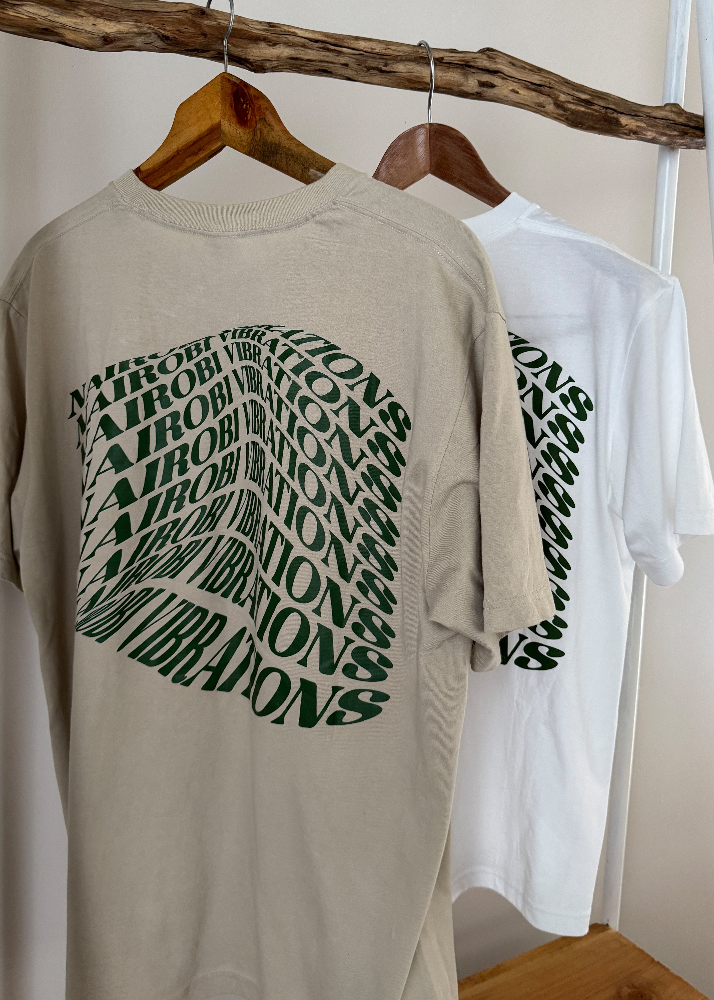Nairobi Vibrations Beige T-Shirt With Green Ink